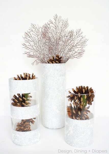 These winter vases using dollar store vases and filler items are such a cheap way to add holiday decor to your home!