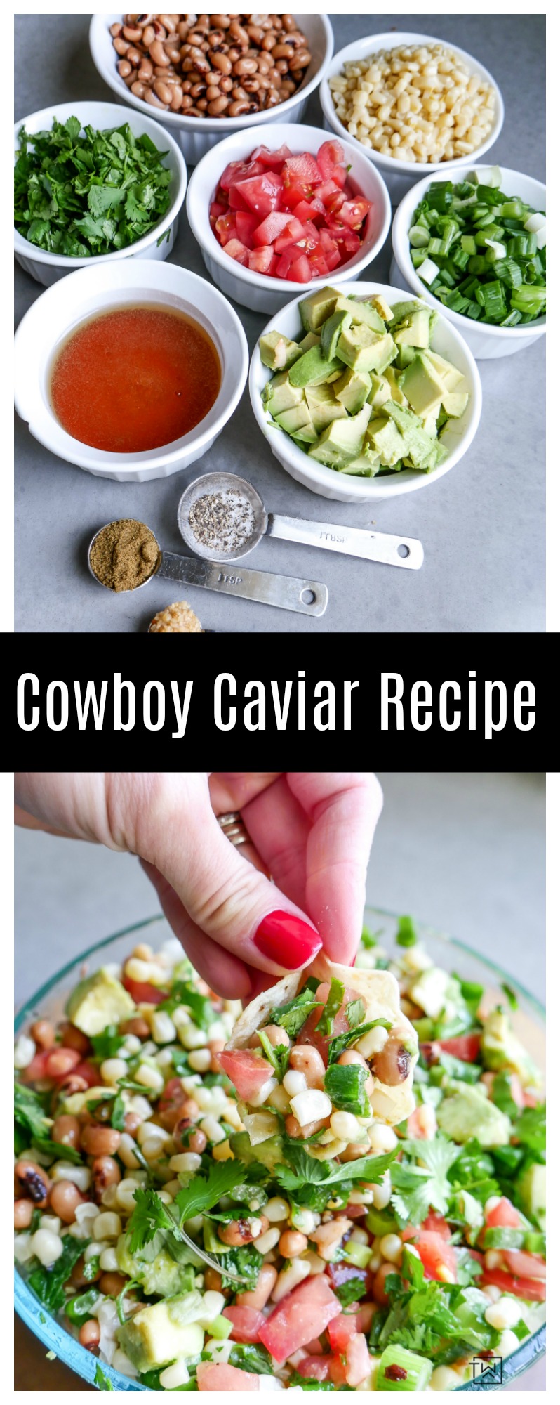 Easy appetizer idea! Whip up this quick Cowboy Caviar Dip Recipe for your next party. It's full of fresh flavors. 