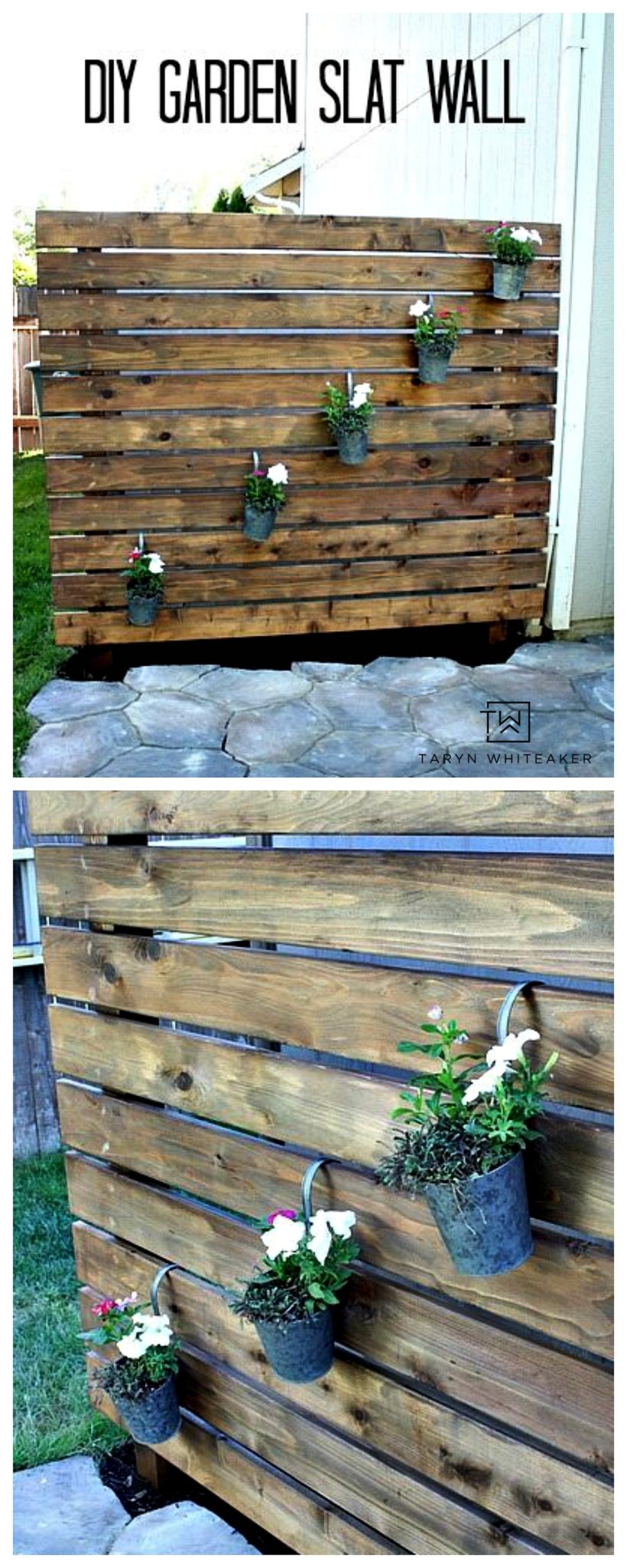 Learn how to build your own garden slat wall, a great wood privacy wall that can hide an ugly shed or make your patio more private from neighbors. 