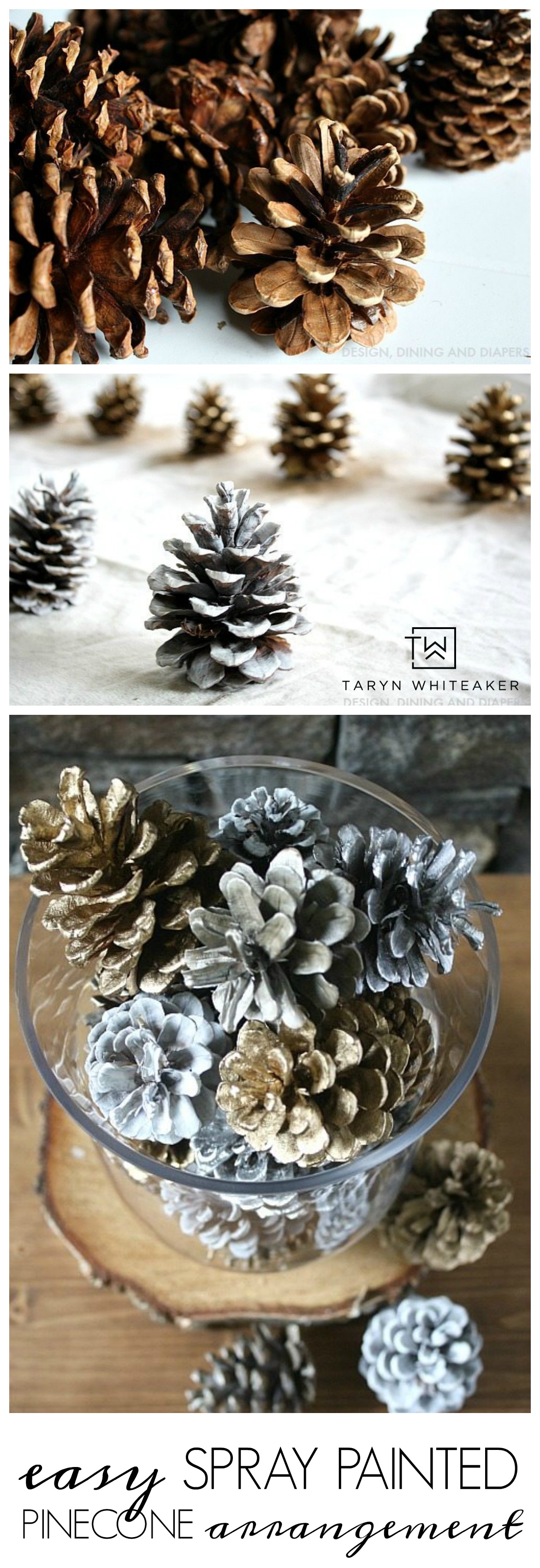 Quick Holiday Decor: Spray Painted Pine Cones Arrangement ! This five minute holiday craft will glam up your table for the holidays!