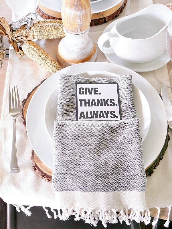 Casual Black and White Thanksgiving Table filled with Turkish napkins and a free modern Thanksgiving printable