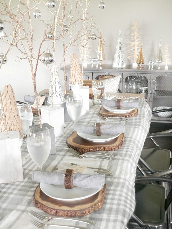 Cozy and Elegant Winter Table Setting  with gray and cream with metallic accents