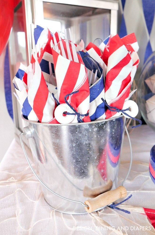 Nautical table decor, these life saver napkin utensil wraps are adorable!