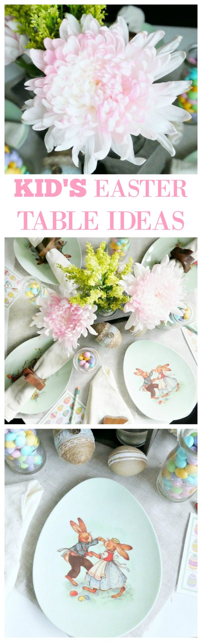 Great ideas for putting together a quick and cute Easter Table for Kids! Cute Easter plates, fresh flowers, and a little Easter treat!