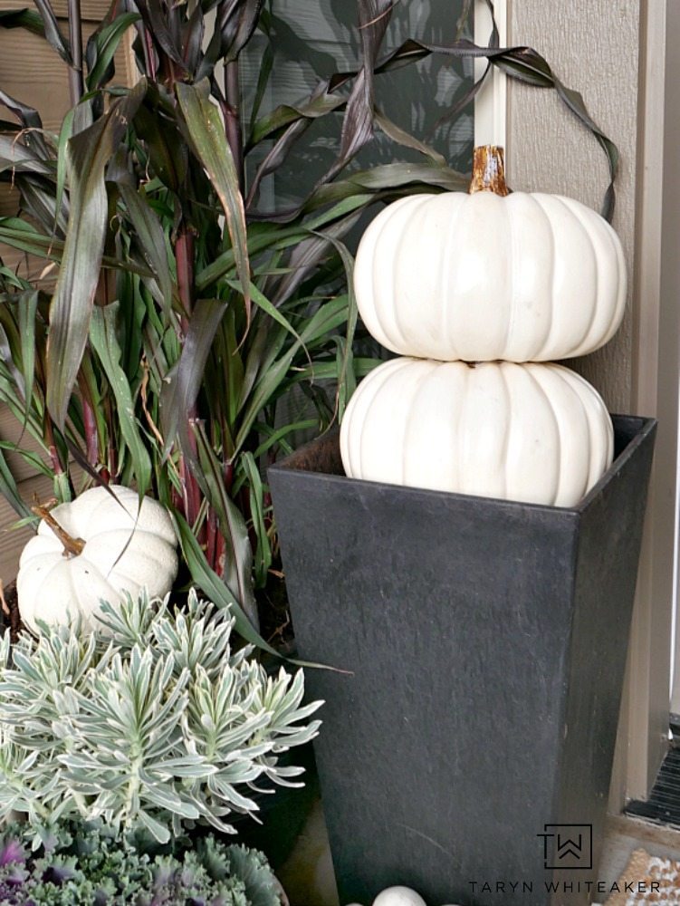 White pumpkin topiary in modern black planter! Easy porch decor for fall!