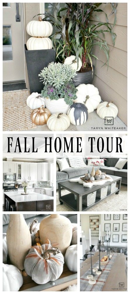 Take a tour of this Rustic Modern Fall Home Tour with blogger Taryn Whiteaker. Her home is filled with elegant touches of fall in a modern setting. Tons of white pumpkins and subtle touches of fall. Click to take a full tour!