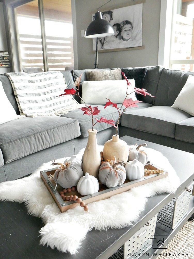 Take a tour of this Rustic Modern Fall Home Tour with blogger Taryn Whiteaker. Her home is filled with elegant touches of fall in a modern setting. Tons of white pumpkins and subtle touches of fall. Click to take a full tour!