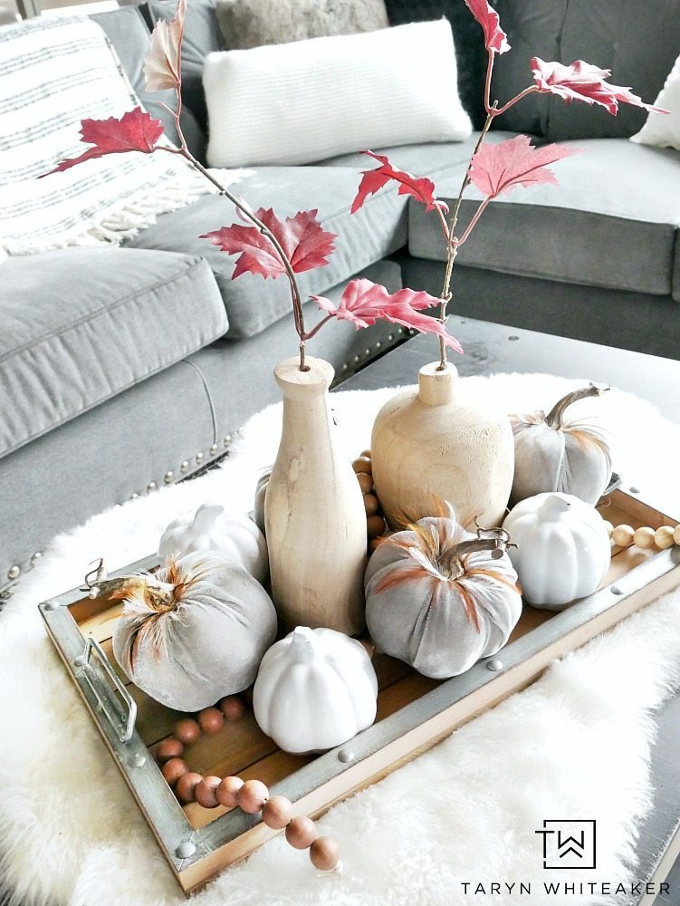 Take a tour of this Rustic Modern Fall Home Tour with blogger Taryn Whiteaker. Her home is filled with elegant touches of fall in a modern setting. Tons of white pumpkins and subtle touches of fall. Click to take a full tour!