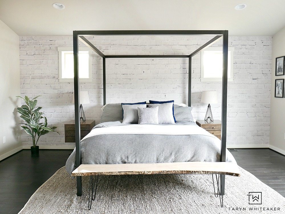 Give your room dimension by adding an accent wall using a white washed brick wall mural from Walls Need Love. This is a removable wall mural that won't damage your walls and is so easy to install. Loving the Rustic Modern look it gives this room. 