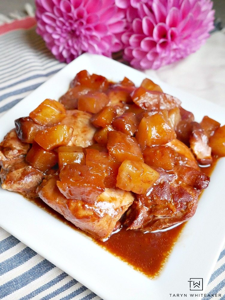 Try this easy Slow Cooker BBQ Teriyaki Chicken with pineapple! Such an easy dinner recipe that is quick to throw in the pot and serve with rice!