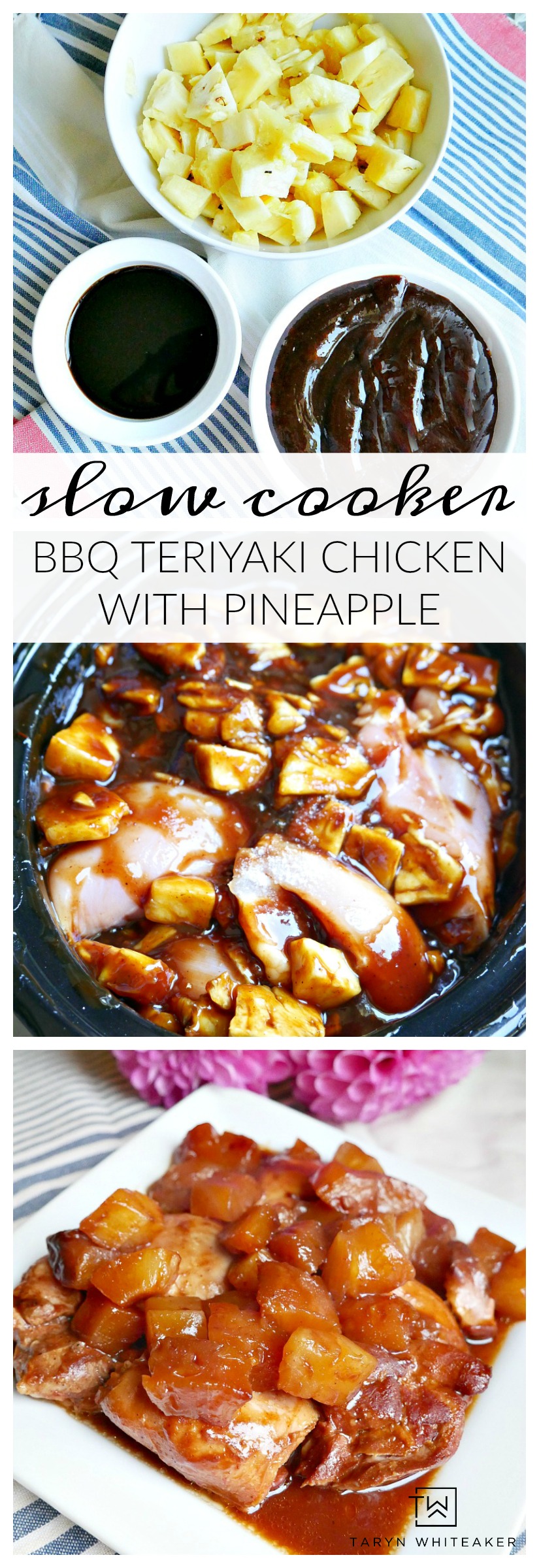 Try this easy Slow Cooker BBQ Teriyaki Chicken with pineapple! Such an easy dinner recipe that is quick to throw in the pot and serve with rice!