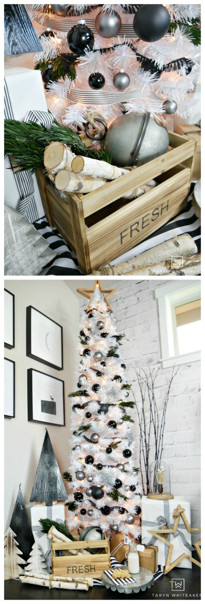 Taryn creates this Modern Black and White Christmas Tree display in her home using a tall white skinny tree with black and silver ornaments and wood!