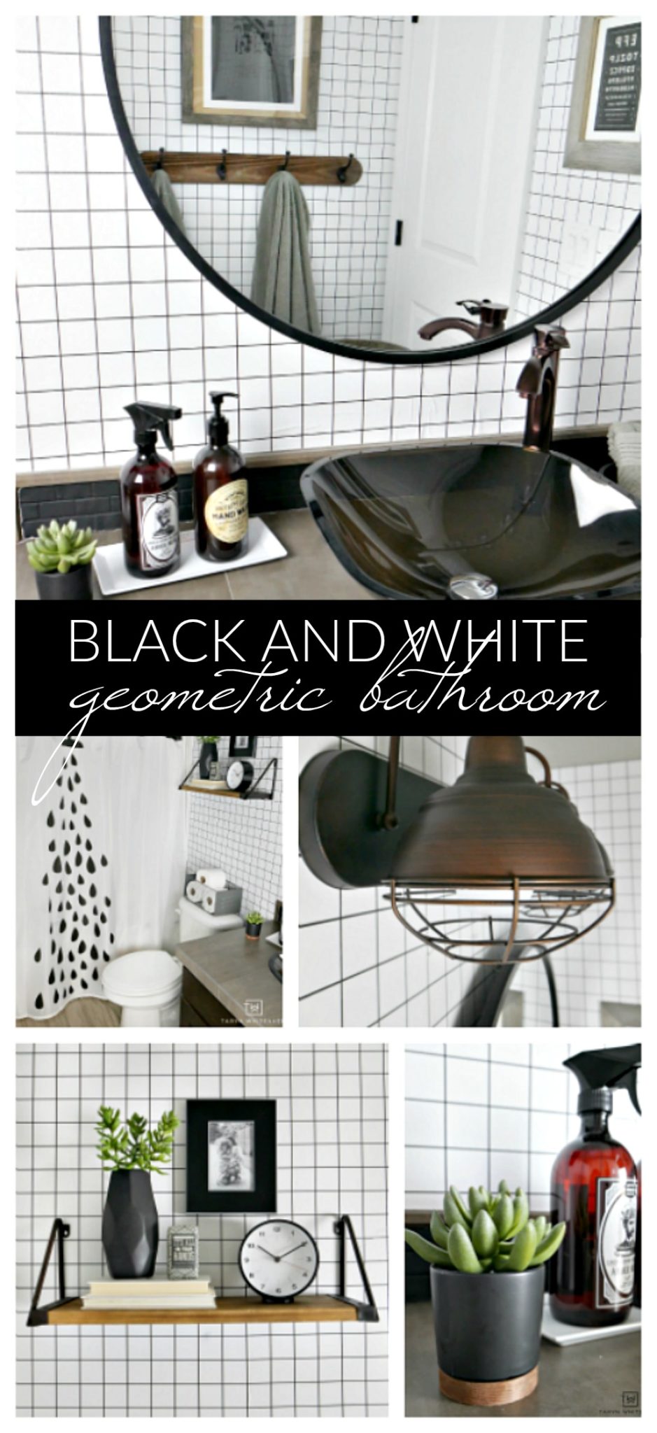 Easily transform you boring space into this black and white geometric bathroom using grid patterned wallpaper and modern industrial accents! Click for the before photos, you won't be disappointed!