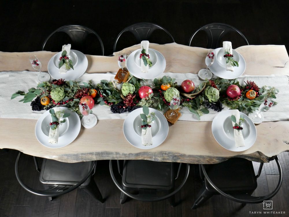 Gorgeous Fall Tablescape using fresh fruits and vegetables as the centerpiece and simple white dishes 