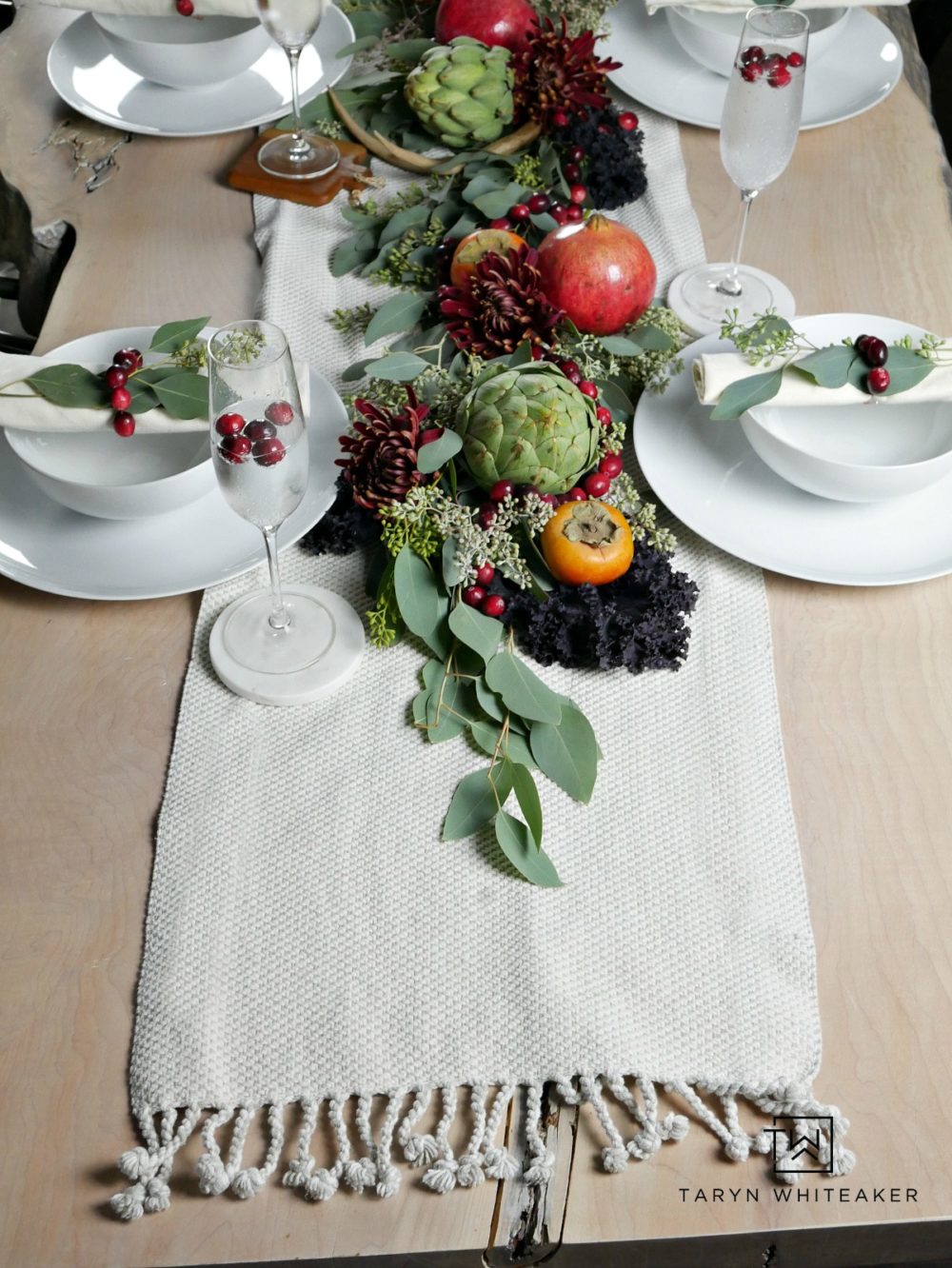 Rustic chic fall table using earth tones from fresh fruits and vegetables 