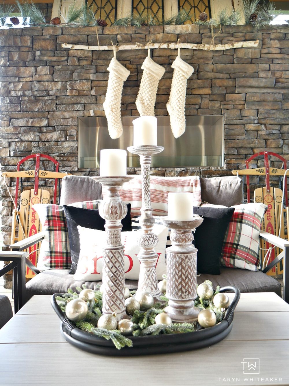 Come see our Outdoor Living Space at Christmas ! It's feeling oh so cozy with it's own Christmas tree, stockings and lots of plaid!