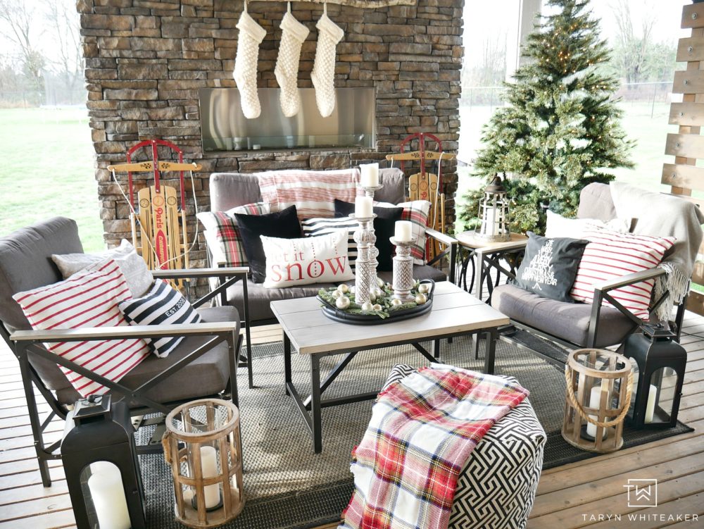 Come see our Outdoor Living Space at Christmas ! It's feeling oh so cozy with it's own Christmas tree, stockings and lots of plaid!