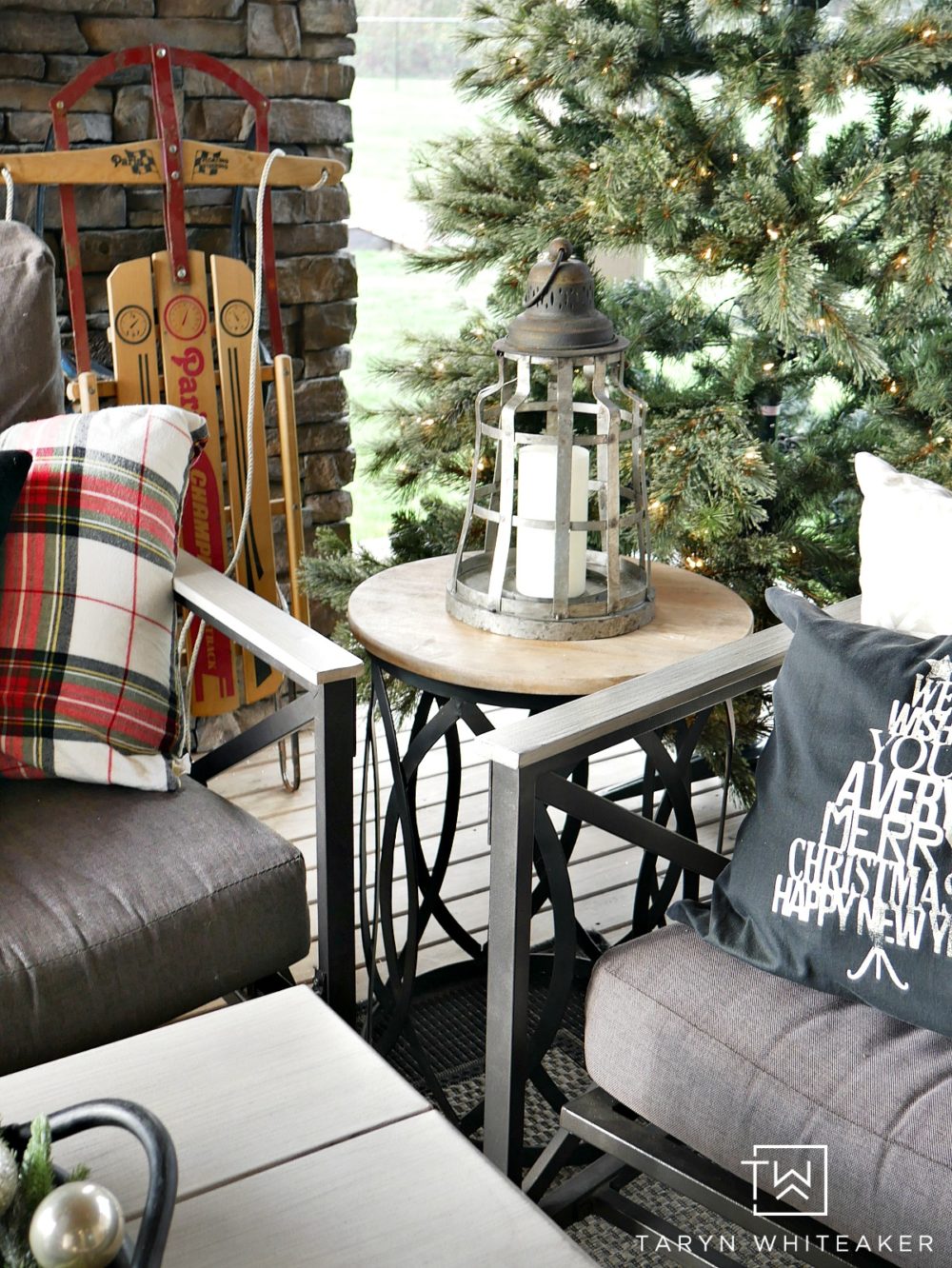 Come see our Outdoor Living Space at Christmas ! It's feeling oh so cozy with it's own Christmas tree, stockings and lots of plaid!