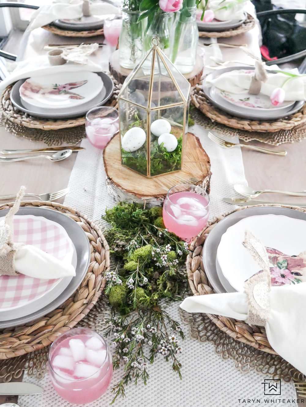 Pink and Green Easter Table with moss table runner and bunny plates!