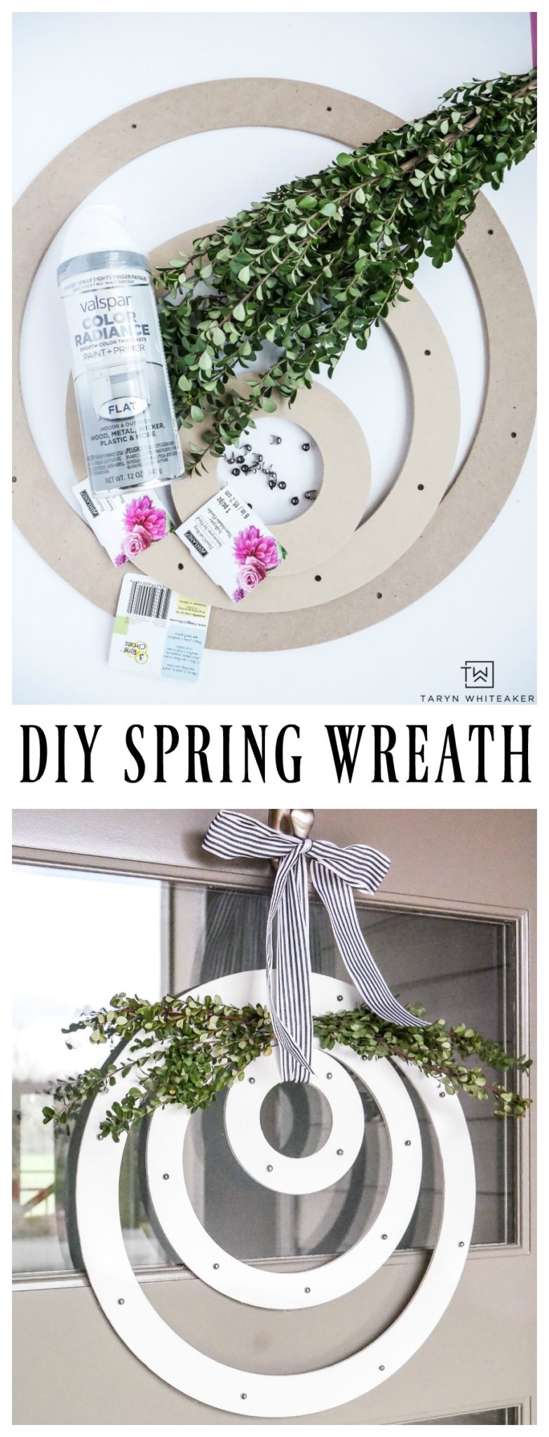 Create a fresh and unique look for your porch this spring! Learn how to make this DIY Modern Spring Wreath using items from the craft store and fresh boxwood!