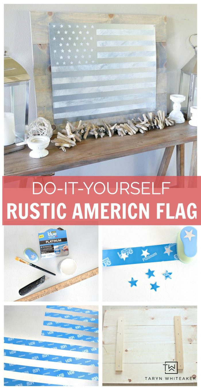 Learn how to make this DIY Rustic American Flag Sign using sheet metal, paint and mounted on a wood backdrop! Great piece of patriotic art to display in your home. 