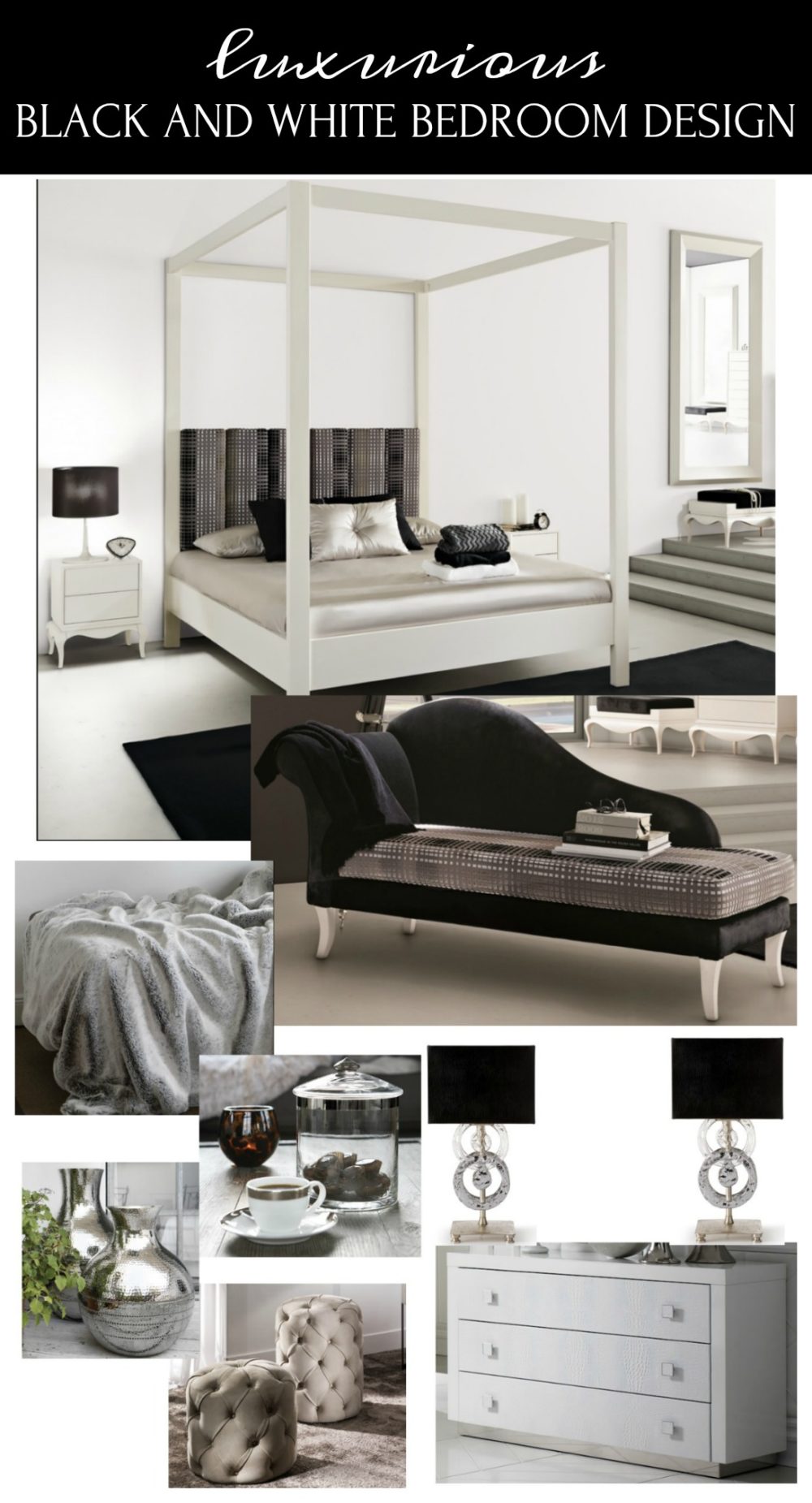 This luxurious black and white bedroom design combines modern lines with traditional pieces. 