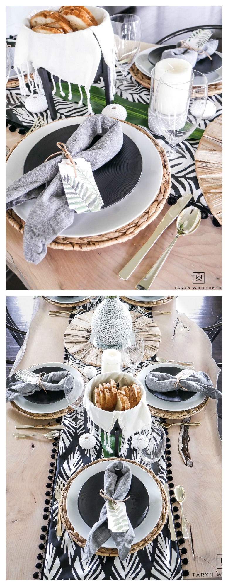 Impress your guests with this tropical dinner party decor at your next summer dinner party. This black and white tropical decor is perfect those who love chic modern decor but still want to have fun!