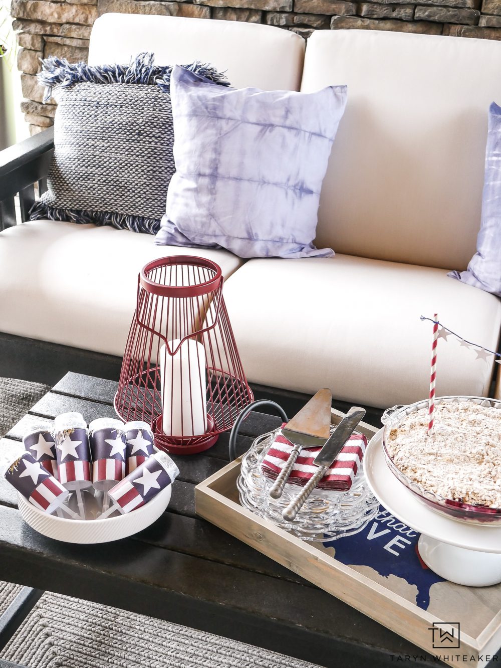 Love the red, white and blue decor to add to your coffee table. I love this wire lantern and cute tray for dessert. Those party poppers are so fun for kids. 