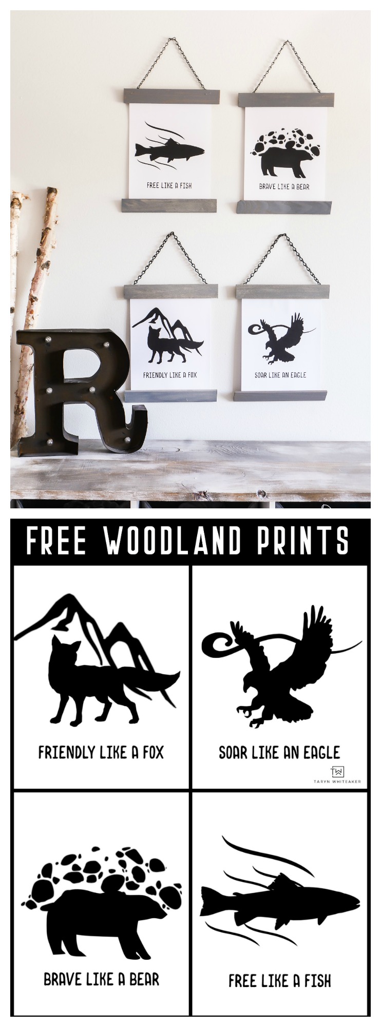 Download your own set of these FREE Woodland Printables ! Super cute for a cabin for mountain inspired bedroom. A tuitorial is availabe for the frames too!