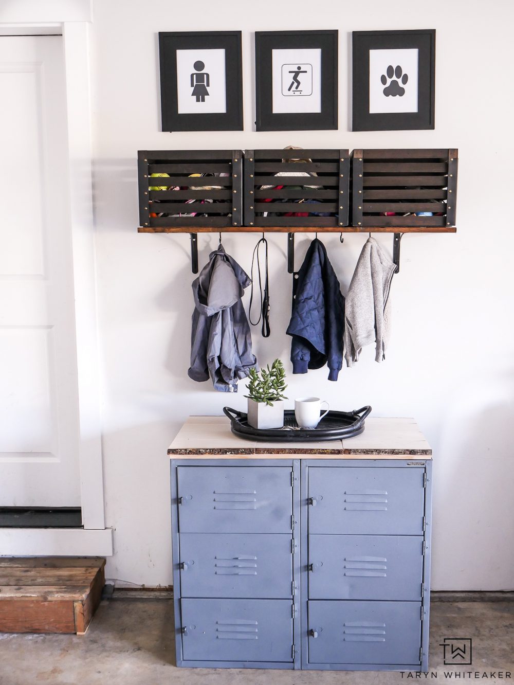 Love this vintage locker makeover project using chalky finish spray paint with a live edge wood top! Great storage idea for kids gear and sports equipment!