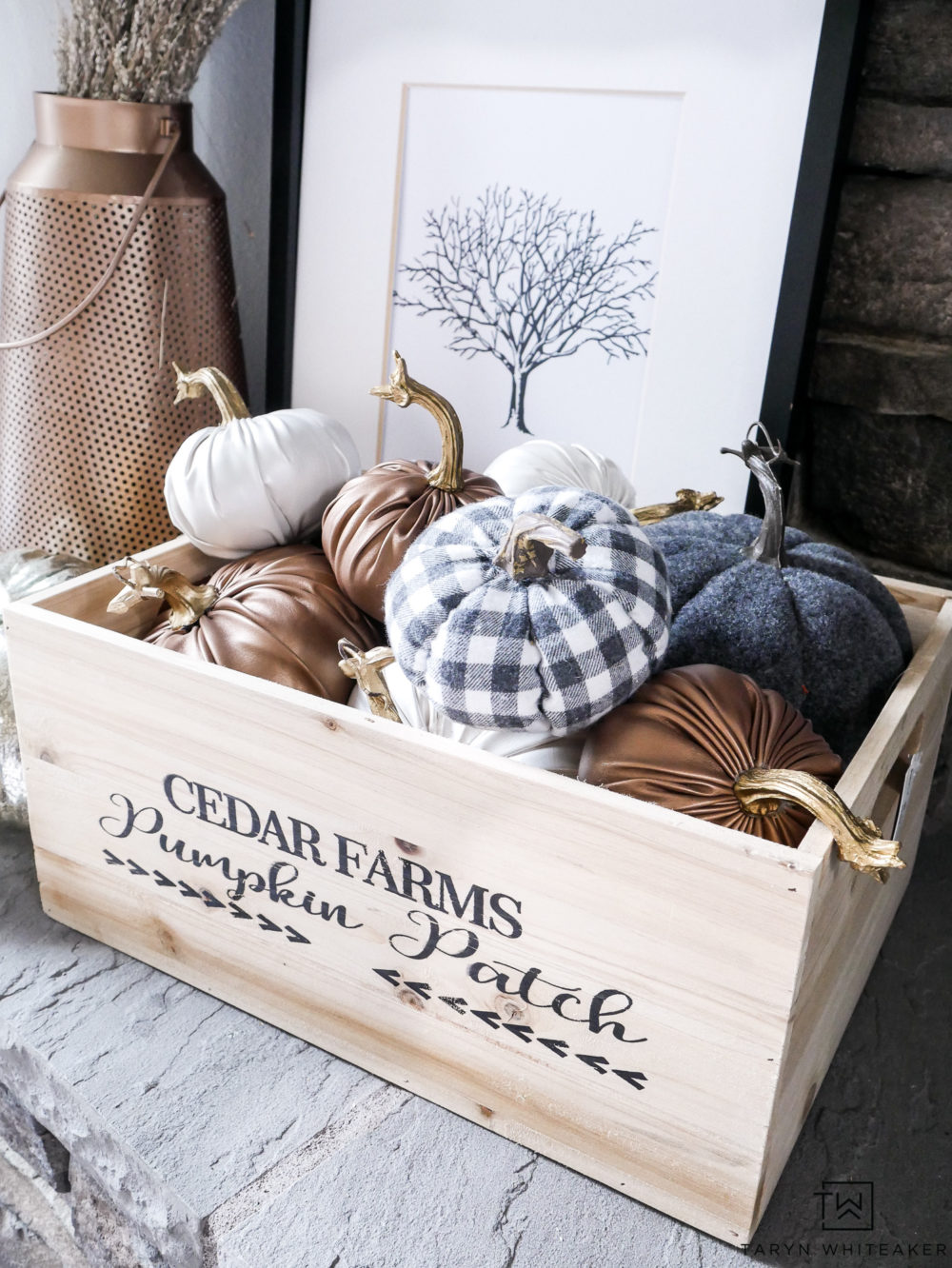 Love all these fabric pumpkins in different patterns inside this adorable pumpkin patch crate. All can be found at JOANN Stores!