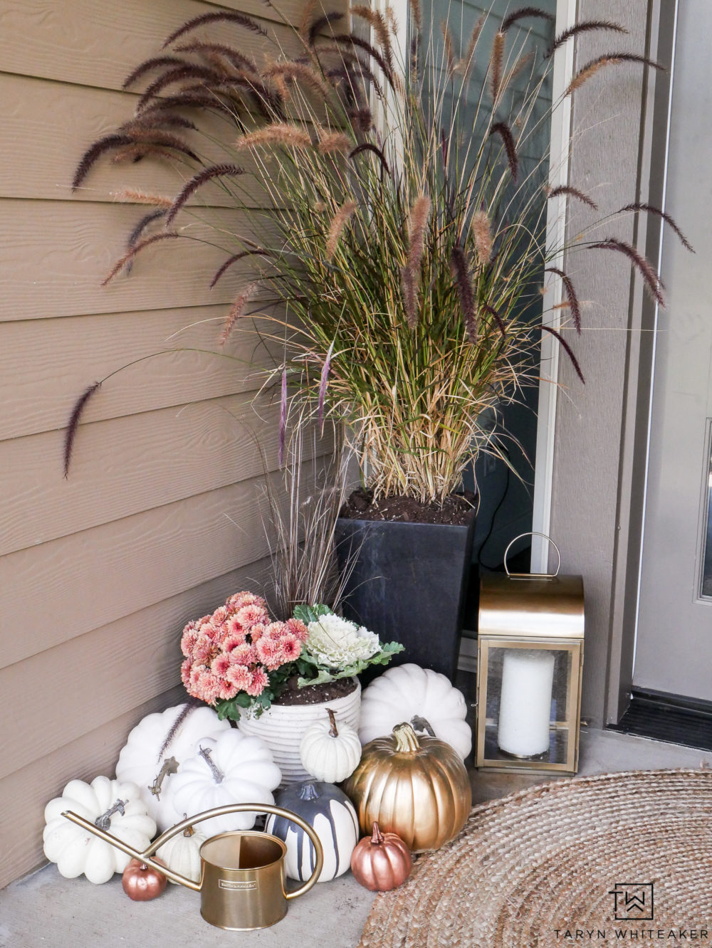 Beautiful fall porch decorations using rose gold and white pumpkins!