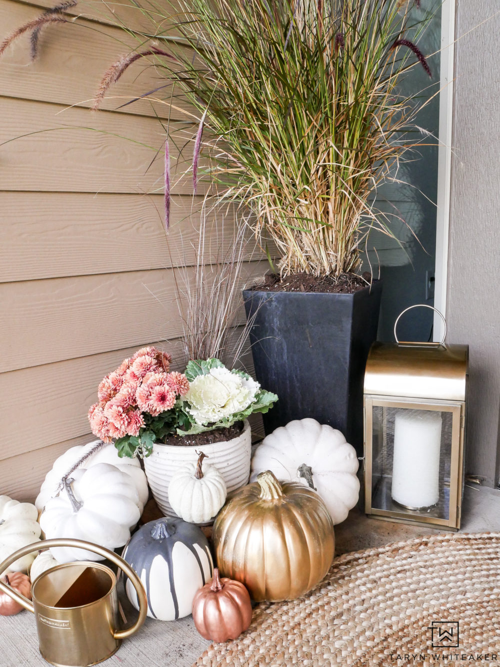 Super cute fall porch decorations with these rose gold pumpkins mixed with white!