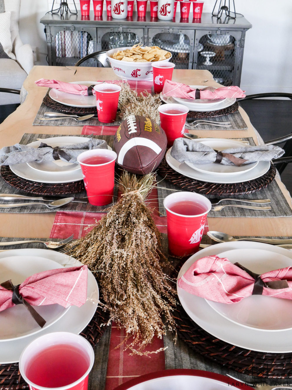 Game day entertaining at it's finest! Put together a sporty yet classy football themed table to entertain your guests. Fill up those collegiate red solo cups with your favorite beverage and get ready to cheer!