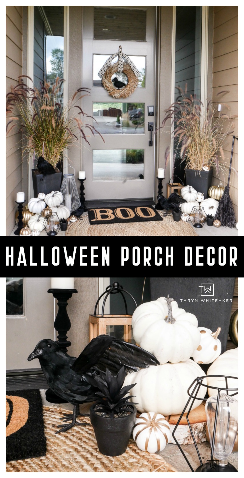 Check out this classy Halloween porch! Love the black and white halloween decor on this modern porch.