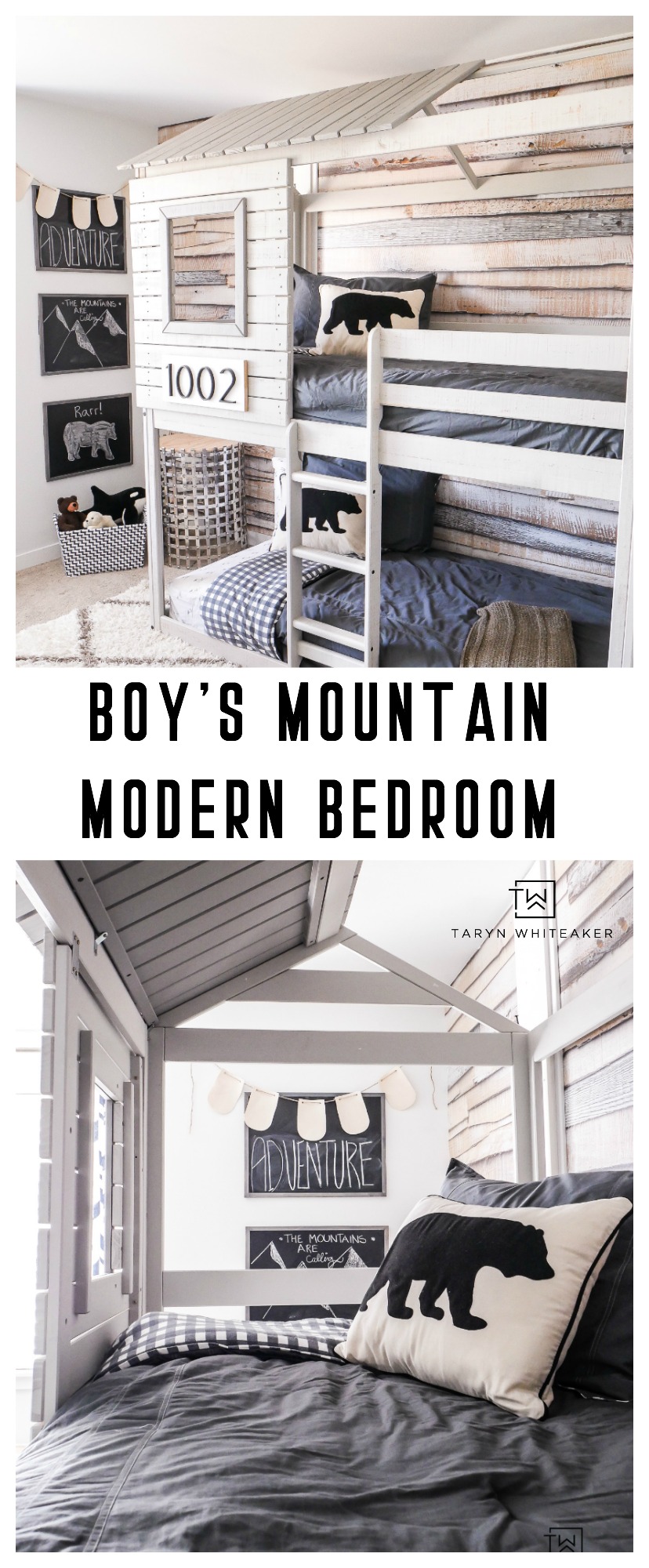 Take a tour of this Mountain Modern Boys Bedroom complete with a treehouse bunkbed and bear accents.