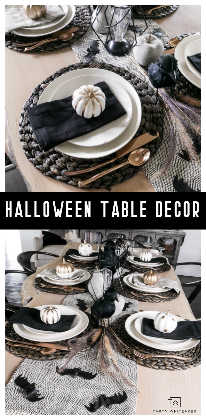 Black and White Halloween Table Decorations with gold accents! Love this classy Halloween table!