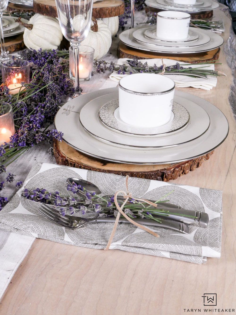 Love pairing this classic fine china with rustic elements and fresh lavender.