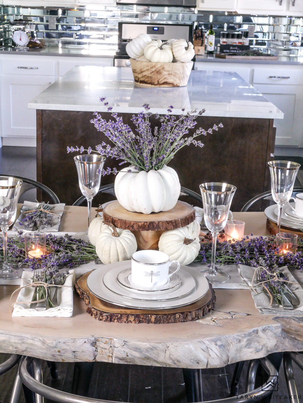 Live edge table all dressed up for fall with fresh lavender and white pumpkins!