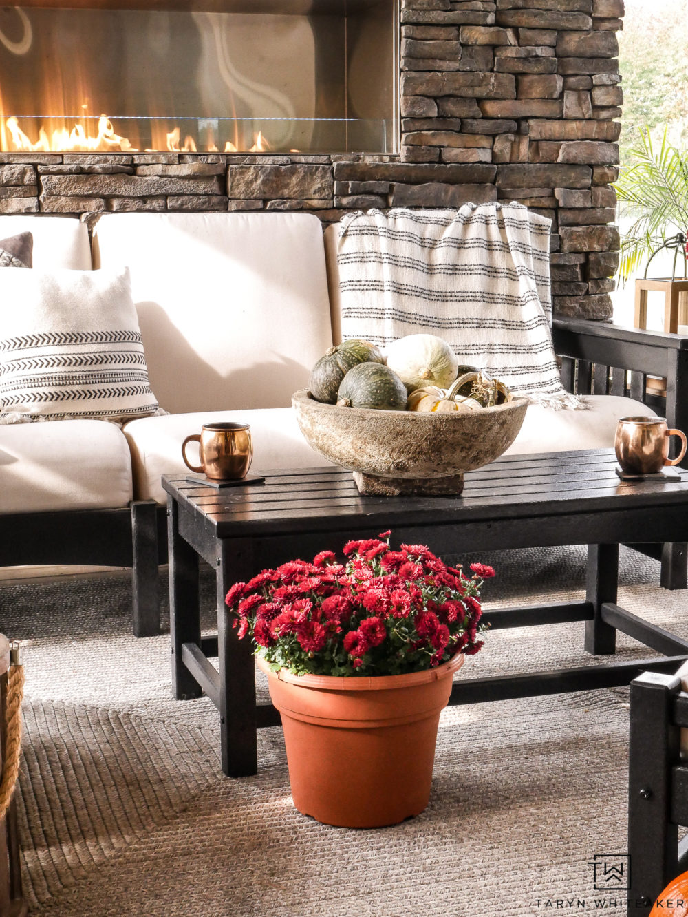 Decorating for fall with mums and gourds. 