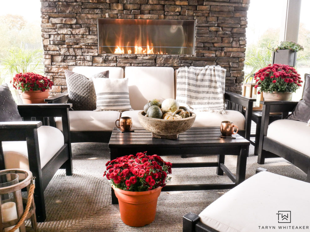 Cozy outdoor living space all decorated for fall!