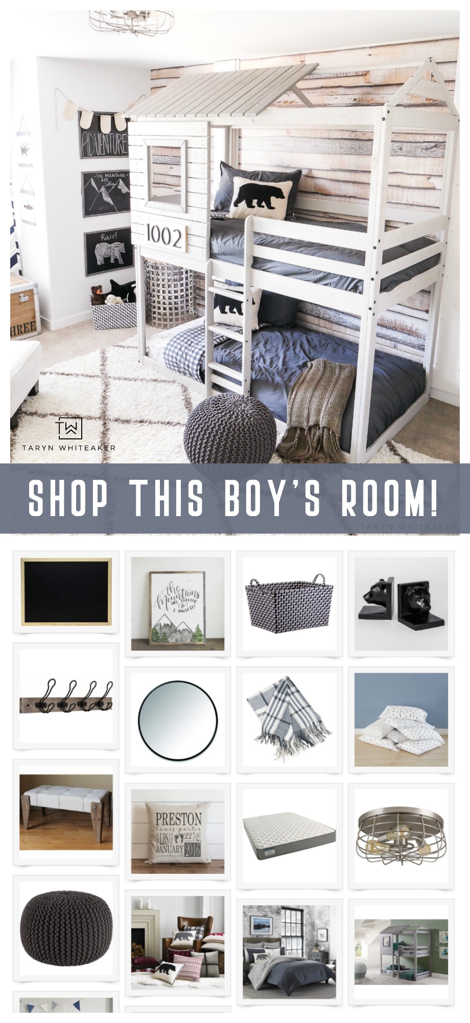 Shop this modern adventure big boy room! Get all the links to design your own space!