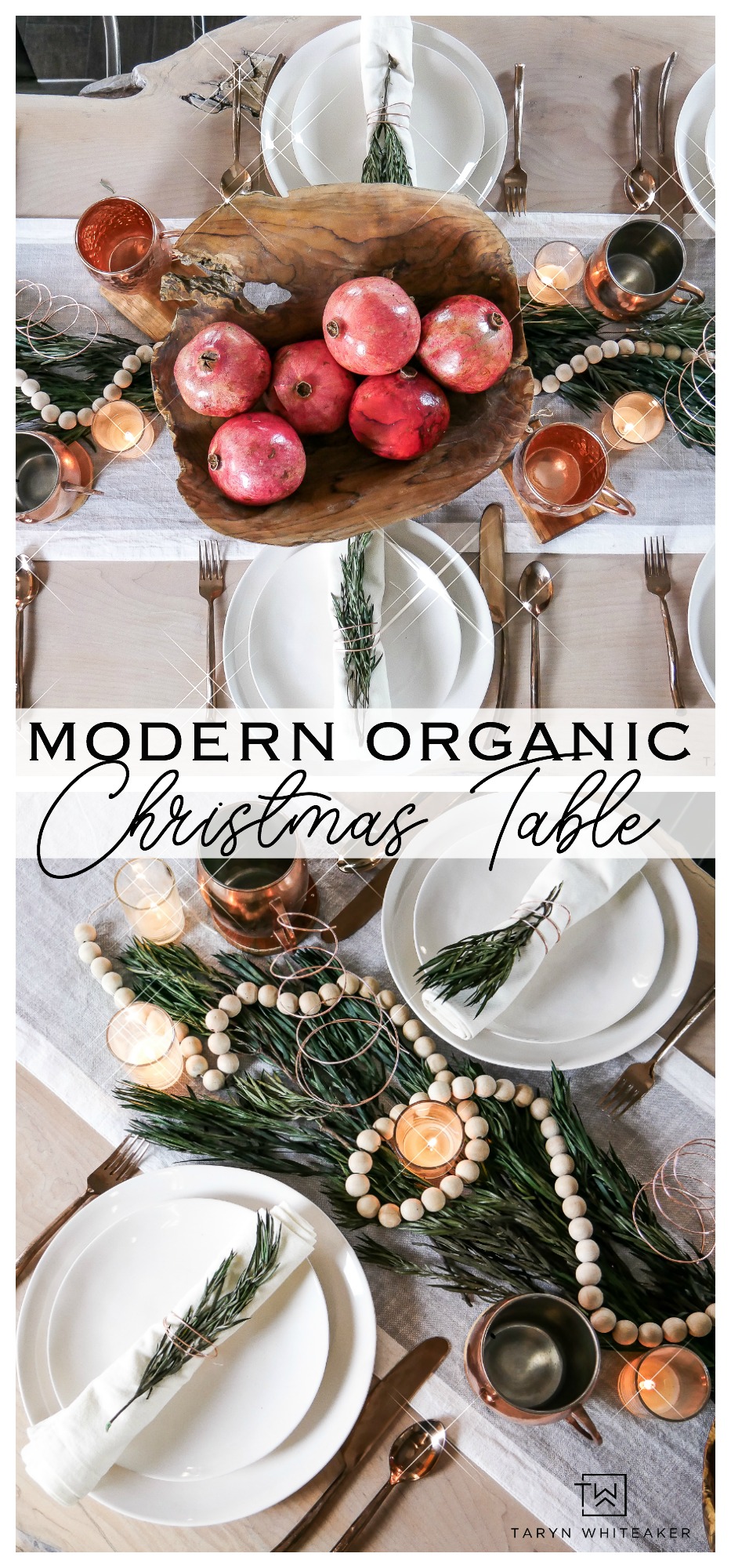 Less is more. Click to take a closer look at the organic inspired modern Christmas Table Decor filled with natural wood and natural elements. 