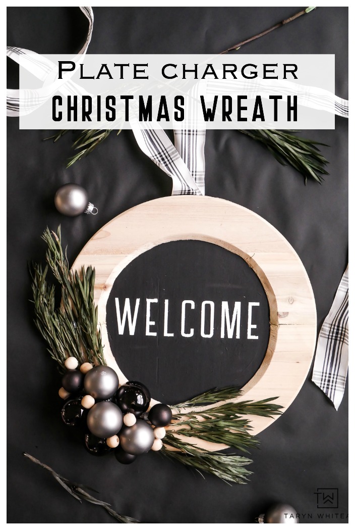 Get the tutorial for this Modern DIY Plate Charger Christmas Wreath! Customize it to your own style by adding color. 