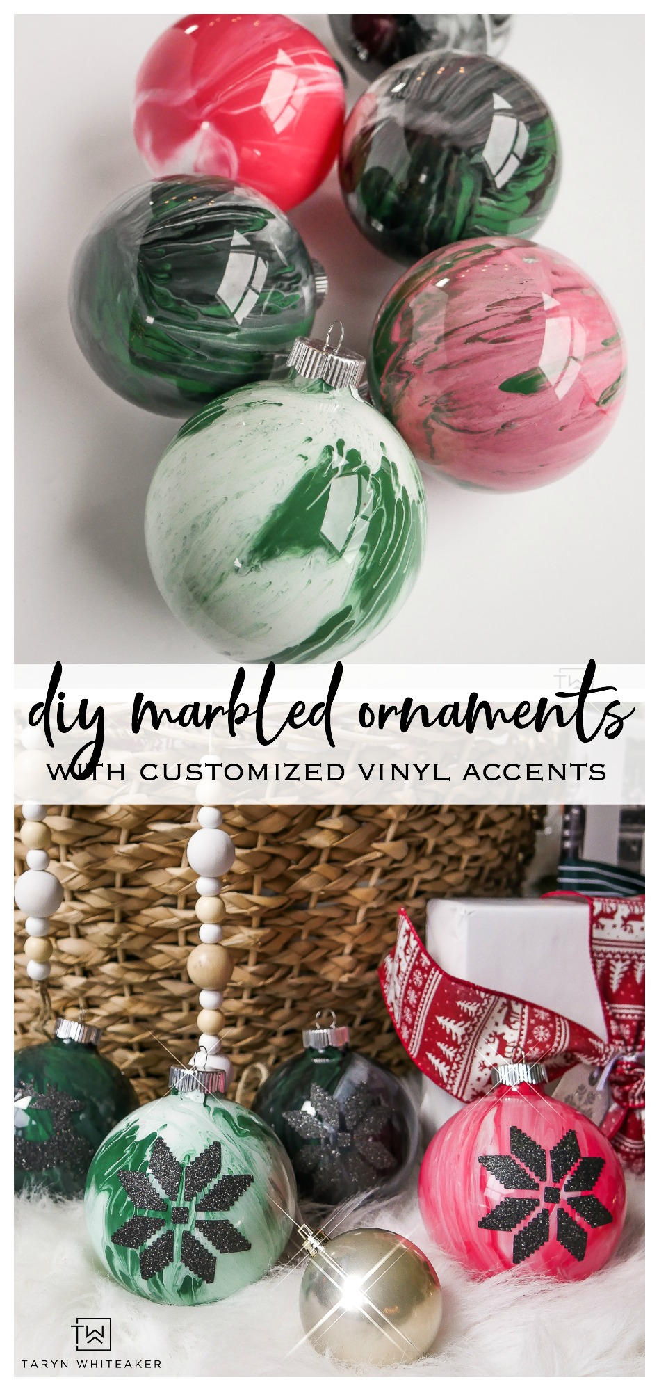 Learn how to make these personalized DIY Marbled Ornaments with custom glitter vinyl designs!