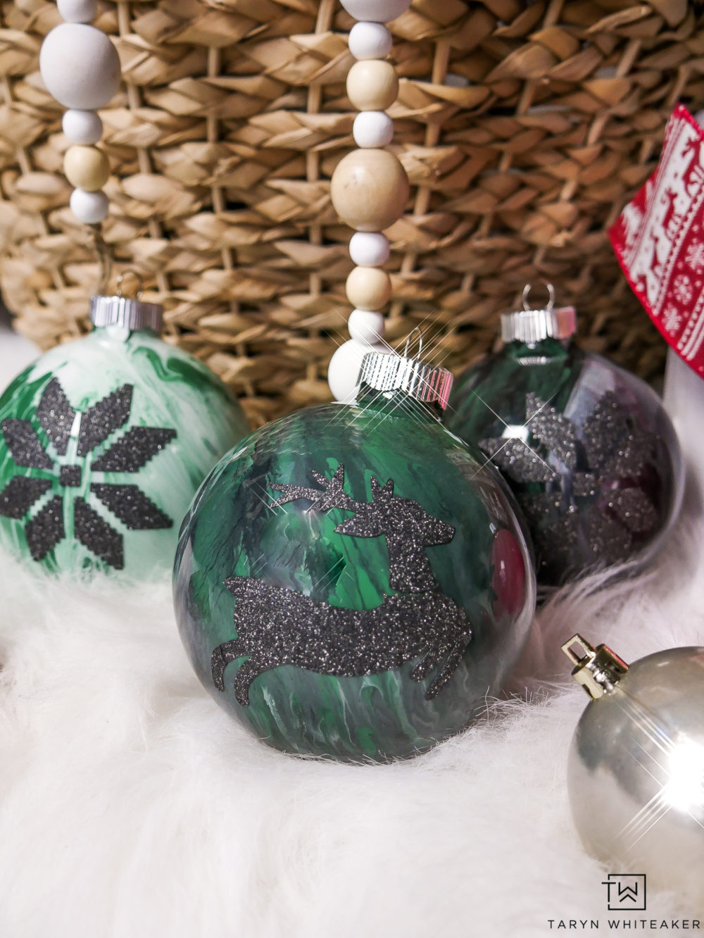 Green and Black Marbled Paint Ornaments! Love how these Ornaments are personalized with glitter vinyl! 