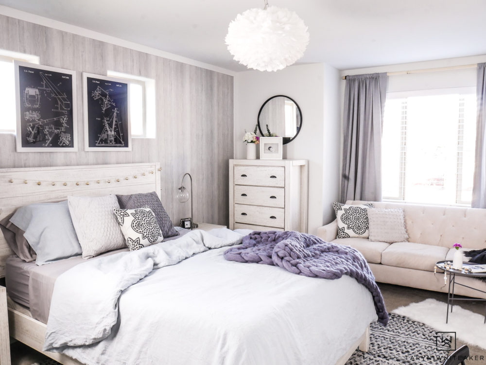 Blue and gray and black Boho bedroom! Love the texture and soft blue tones. 