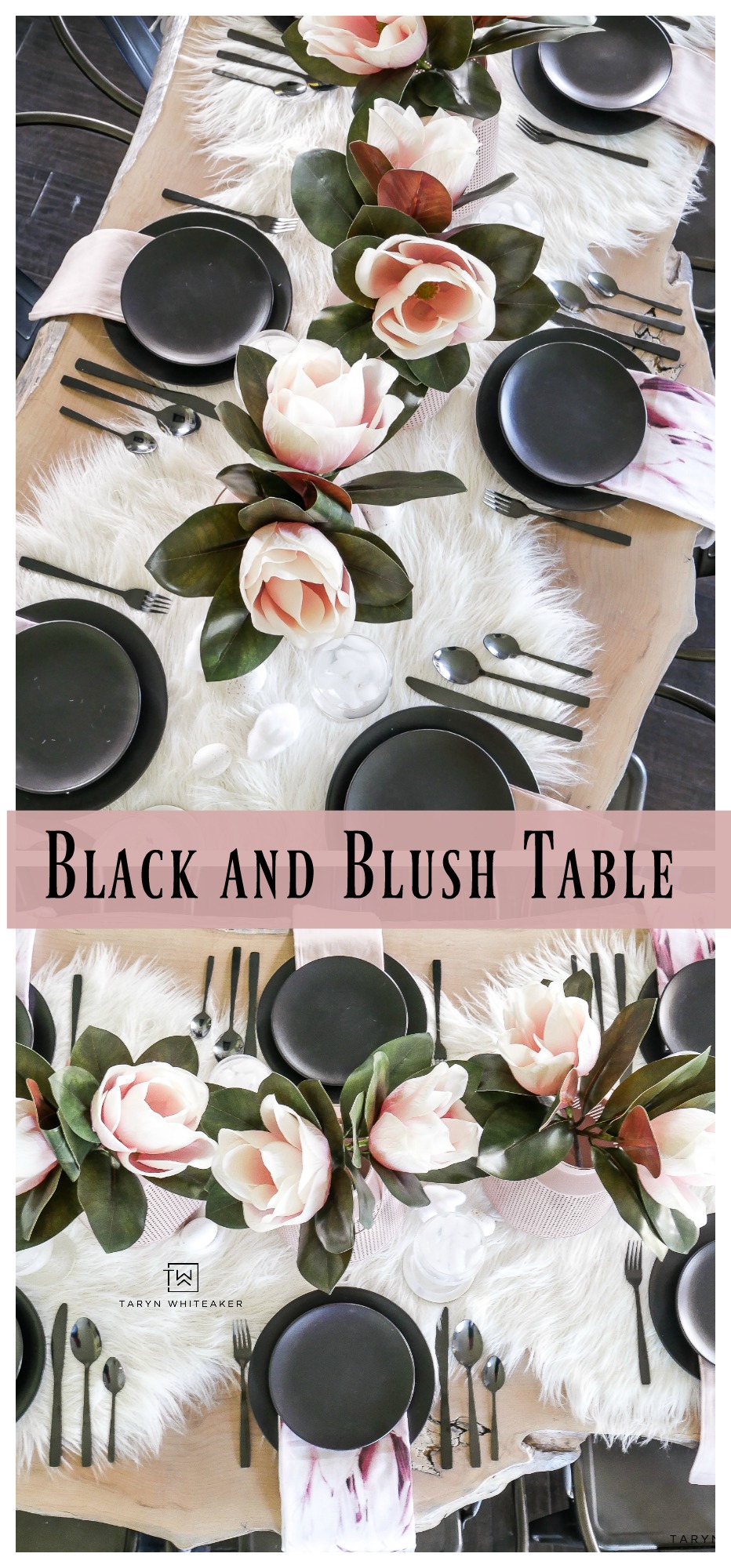 Simple can still be dramatic with this black and blush table decor. The black and white table with pops of floral and pink is the perfect combo.