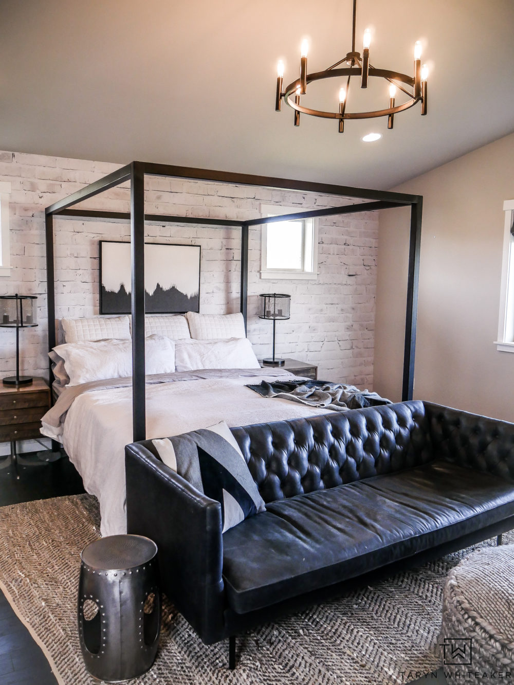 Luxurious black and white master bedroom with so much texture. Love the neutral palette. 