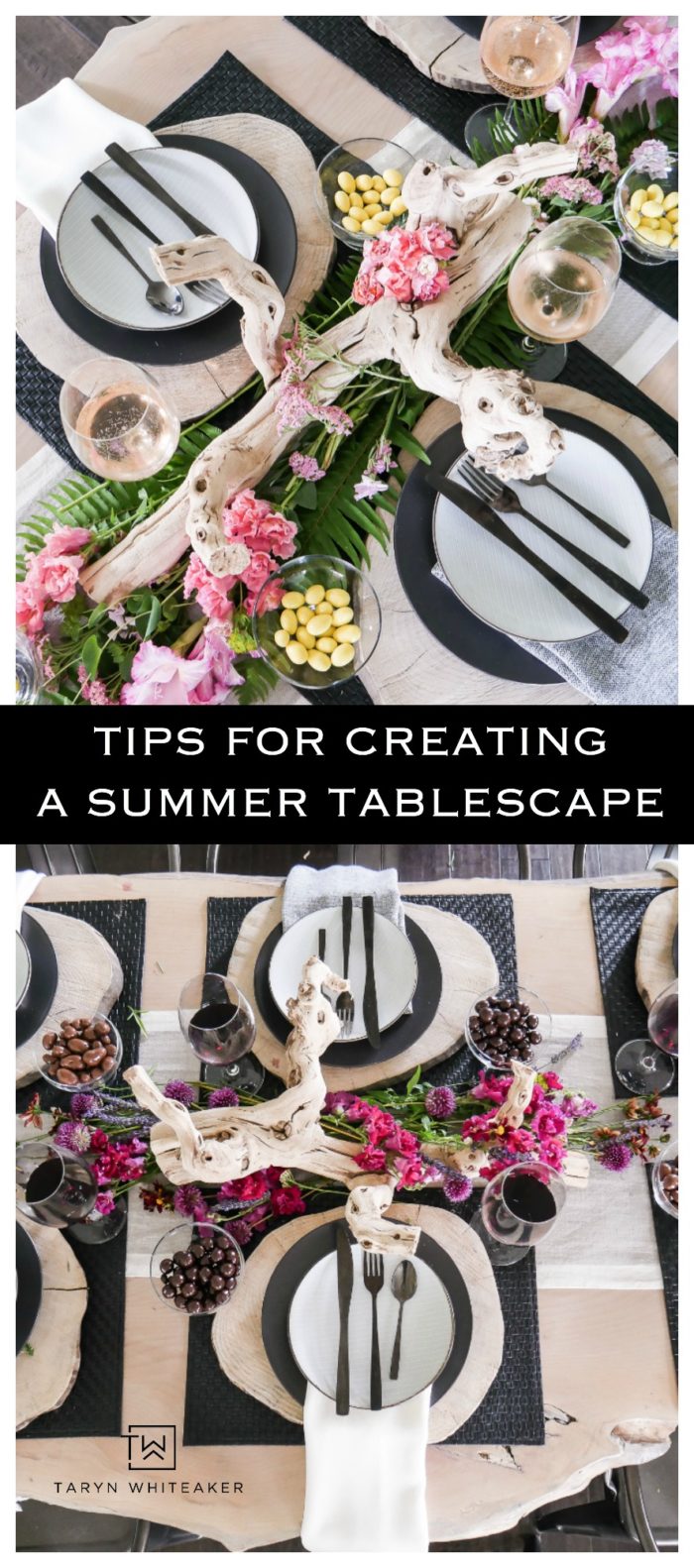 Lots of tips for creating a beautiful rustic modern summer tablescape! From deep earth tones to tropical palms! Entertain your guests in style. 